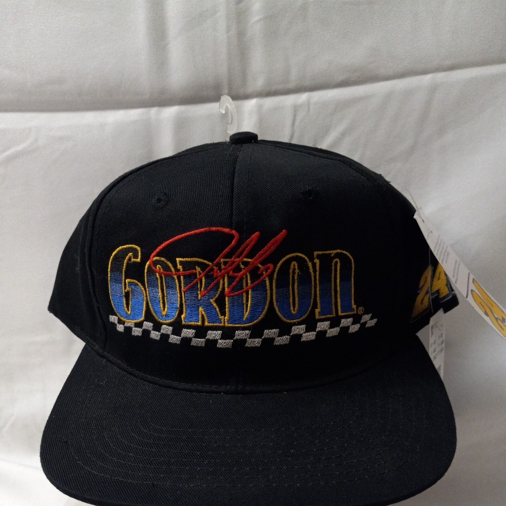 VINTAGE Deadstock Spellout Jeff Gordon 24 Black Trucker Hat Cap Snap Back NWT